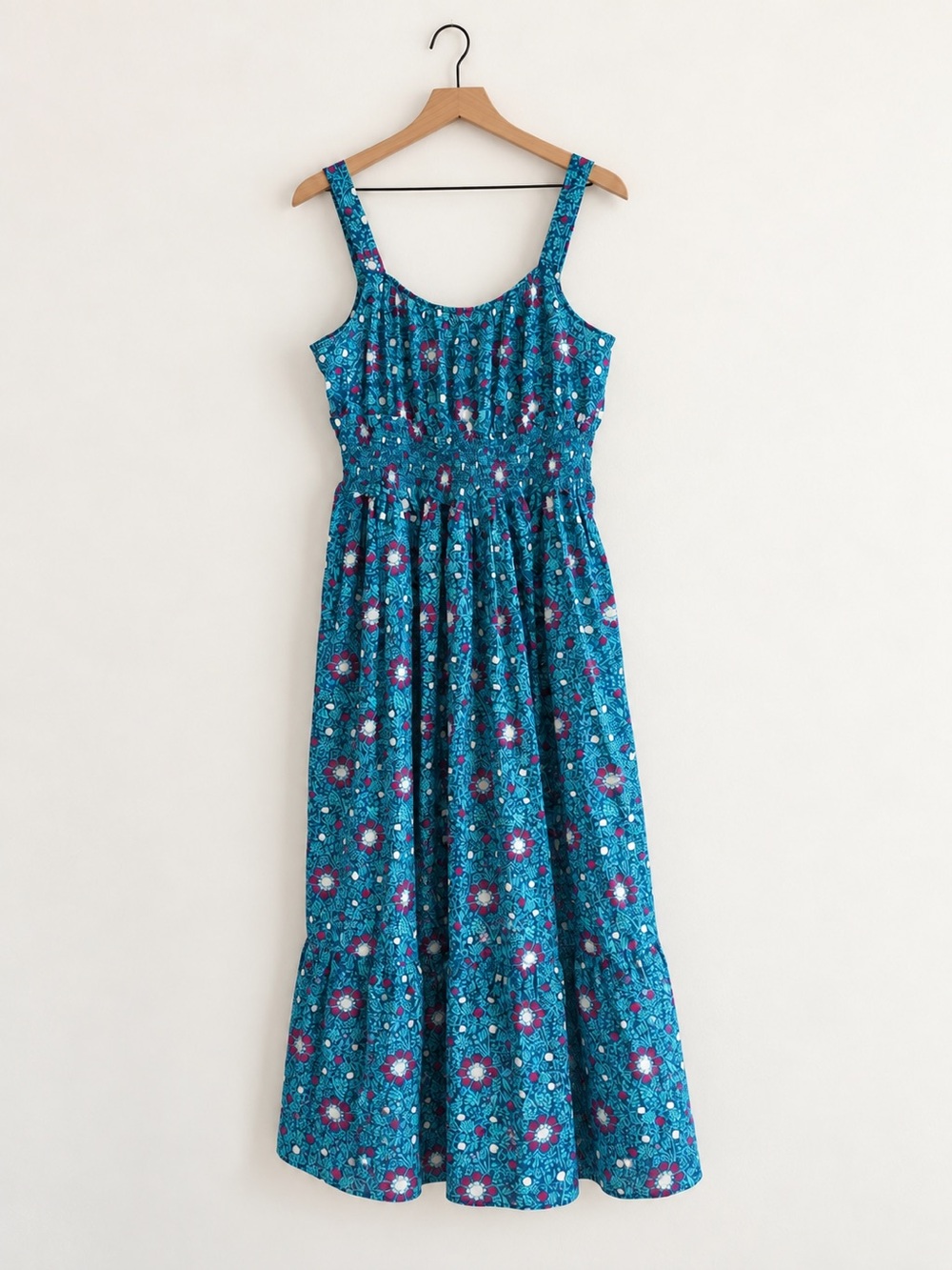 NWOT Sundance Floral Textured Cotton Smocked Maxi Dress Teal Size M